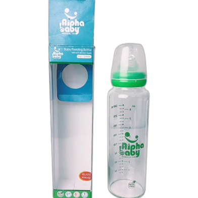 Alpha Baby Feeding Bottle with Soft Silicone Nipple 240ml (Glass) - Green image