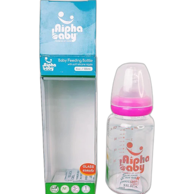 Alpha Baby Feeding Bottle with Soft Silicone Nipple 120ml (Glass) - Pink image