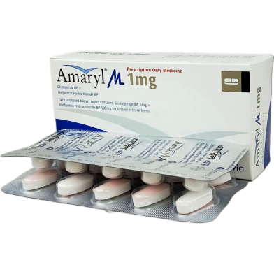 Amaryl M 1 mg 500 mg Bilayer Tablet 10's Strip image