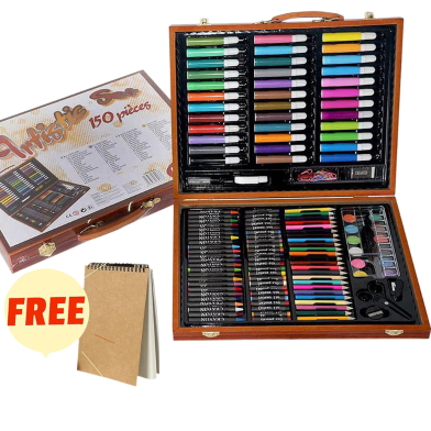 Art Painting Set Wooden Box 150 Pcs - Free Handmade Drawing Pad A4 Size 20 Pages image