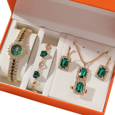 Attractive Watch, Bracelet, Earrings And Chain Combo Set For Girls image