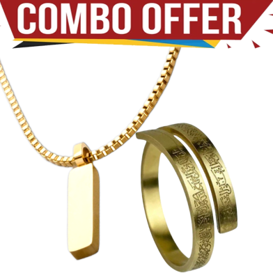 Ayatul Kursi Necklace And Ayatul Kursi Ring - Gold (Combo Offer) image