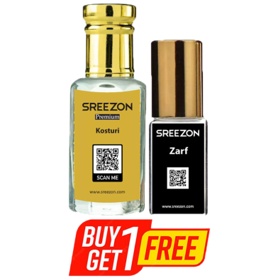 BUY 1 SREEZON Premium Kosturi Attar-3 ml GET 1 SREEZON Zarf For Men Attar-3.5 ml FREE image