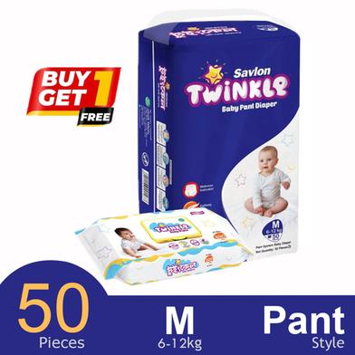 Buy 1 Savlon Twinkle Baby Pant System Baby Diaper (M Size) (6-12 kg) (50 Pcs) Get 1 Savlon Twinkle Baby Wipes Pouch 120 Pcs Free image