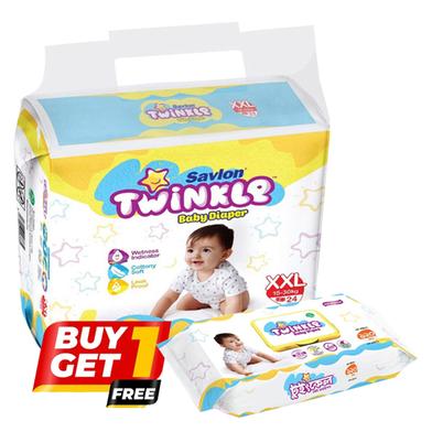 Buy 1 Savlon Twinkle Baby Belt System Baby Diaper (XXL Size) (15-30kg) (24 Pcs) Get 1 Savlon Twinkle Baby Wipes Pouch 120 Pcs Free image