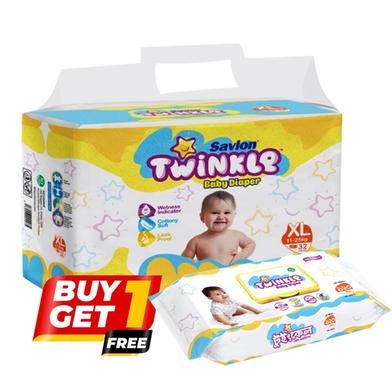 Buy 1 Savlon Twinkle Baby Belt System Baby Diaper (XL Size) (11-25kg) (32 Pcs) Get 1 Savlon Twinkle Baby Wipes Pouch 120 Pcs Free image