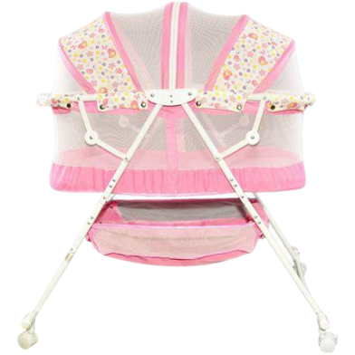 Babies folding Cribs with 4 wheels, with a bottom basket and mosquito nets also Customized to Rocking Bed- Pink image