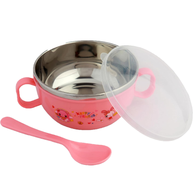 Baby Feeding Spoon And Bowl Set Stainless Steel 1 Bowl and PP 1 Spoon Pink image