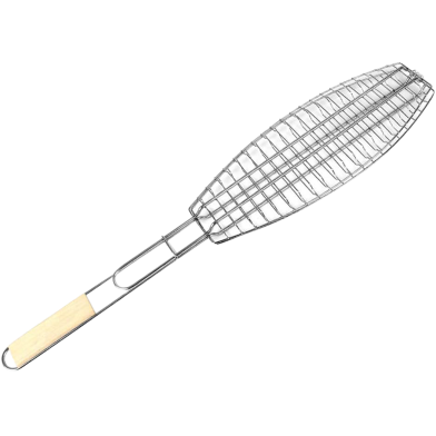 Barbecue Fish Grilling Net Basket Wire Net Long Wooden Handle image