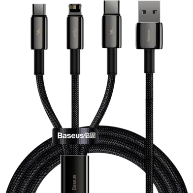 Baseus Tungsten Gold One-for-three Fast Charging Data Cable USB to M L C 3.5A 1.5m (CAMLTWJ-01)-Black image