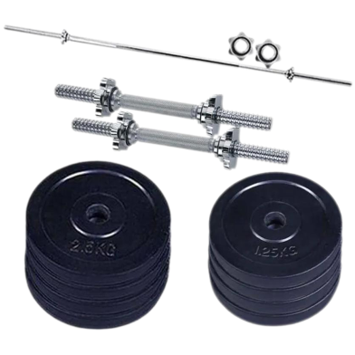 Black Dumbbell Combo Pack - Total 15 kg set - 4 Pcs 1.25 kg Black Plate 4 Pcs 2.5 kg Black Plate with 2 Pcs 11 inch Stick and 3 feet Barbell image