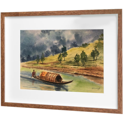 Mahmudur Rahman Rial Boat and Hill Watercolor Painting - (16X13)inches image
