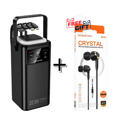Borofone 30000 Mah 22.5 W Power Bank With Built In Cables And Led Black Buy One Get Free Headphone image