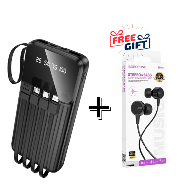 Borofone Smart Power Bank With 4 Cables (10000mAh) Black - BJ76 Buy One Get Free Headphone image
