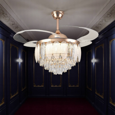 Breezelux Alpha 48 Inch Crystal Retractable Luxury Decorative Silent Underlight Invisible Blade Chandelier With Remote Ceiling Fan (Rose Gold) image