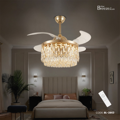 Breezelux Alpha 48 Inch Crystal Retractable Luxury Decorative Silent Underlight Invisible Blade Chandelier With Remote Ceiling Fan (Golden) image