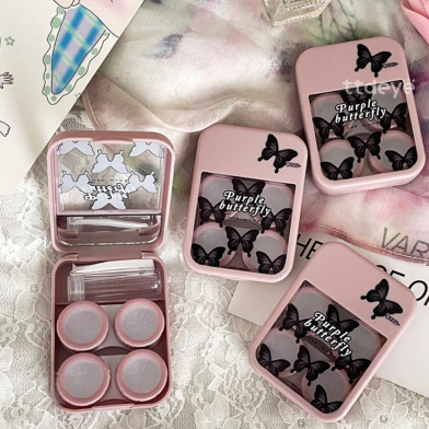 ButterflyK – Elegant Pink Butterfly Print Contact Lens Kit with Mirror, Tweezers and Solution Bottle image