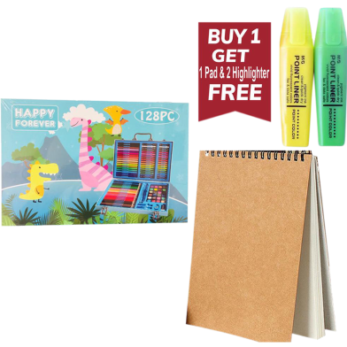 Buy 1 128pec Drawing/Painting Set Plastic Briefcase Box Get Drawing Pad And Two Highlighter Free image