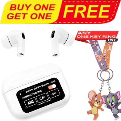 Buy Airpods A9 Pro ANC Touch Screen Display Earbuds With Tom and Jerry Random Key Ring (Any One) FREE image