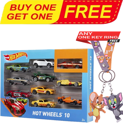 Buy Set of 10, Multipack of Die-Cast Race or Police Cars, Hot Rods, Firetrucks or Vans (Styles May Vary) With Tom and Jerry Random Key Ring (Any One) FREE image