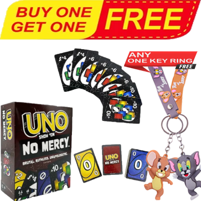 Buy UNO No Mercy Mattel Games UNO Show ‘em No Mercy Card Game for Kids, Adults With Tom and Jerry Random Key Ring (Any One) FREE image