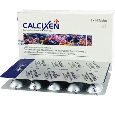 Calcixen500 mg plus 200 IU 10's Strip Tablet image
