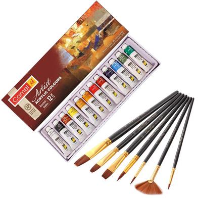 Camel Artists Acrylic Colour 20 ml Tube, 12 Shades And Artists Paint Brush Set, 7 Pcs image