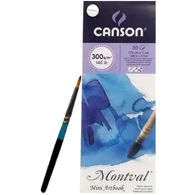 Canson Montval Watercolor 300 GSM Cold Pressed 17.5 x 7 cm Mini Art Book with 1 Watercolor Brush (White, 30 Sheets) image