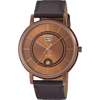 Casio Enticer Day Date Stainless Steel Rose Gold Leather Belt Watch image