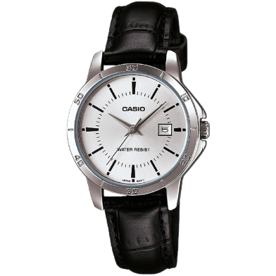 Casio Silver Plated Case Black Leather Women's Watch image