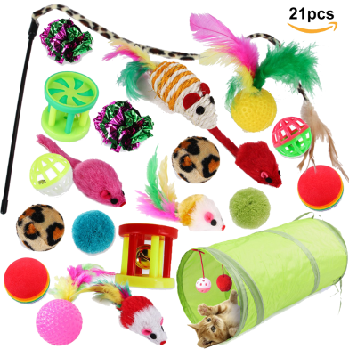 Cat Toys Kitten Toys Assortments Tunnel Interactive Cat Teaser Fluffy Mouse Crinkle Balls 21 Pcs image