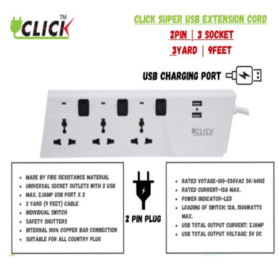Click Safe Extension Socket 2Pin 3Skt,3 Yard/2.7 Metre image