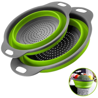 Collapsible Colanders with Handles (2 Pcs. Set) Round Kitchen Sink Strainers Heat-Resistant Silicone Stackable, Space-Saving Design Pasta, Vegetables, Hot Water image