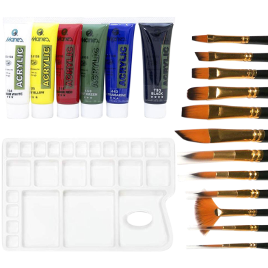 Combo Maries Acrylic Colour 6 Shades 30 ml, a Palette, 12 pcs Brush Set image