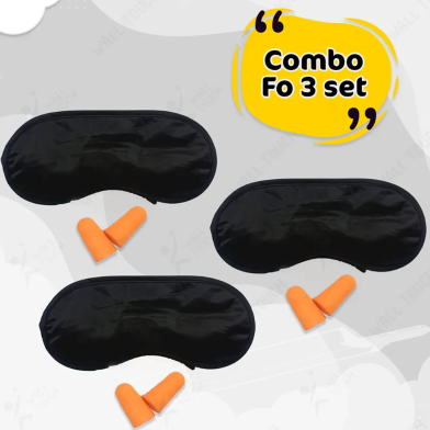 Combo of 3 Set Black Color Silk Eye Mask Memory Foam Ear Plug 2 Pcs image