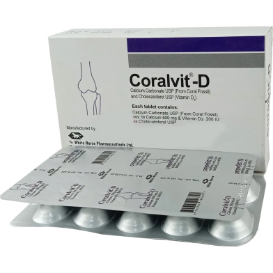 Coralvit-D 500 mg Plus 200 IU 10's Strip Table image