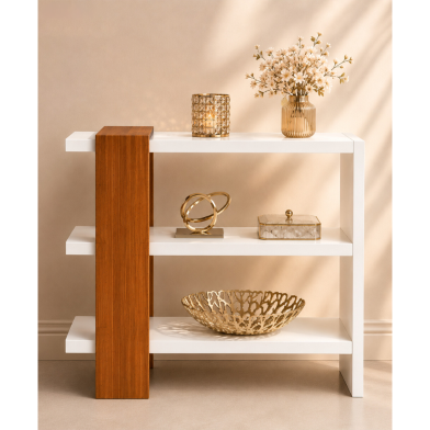 Creative Furniture Wooden Decorative Storage Shelf White And Natural Wood Finish image