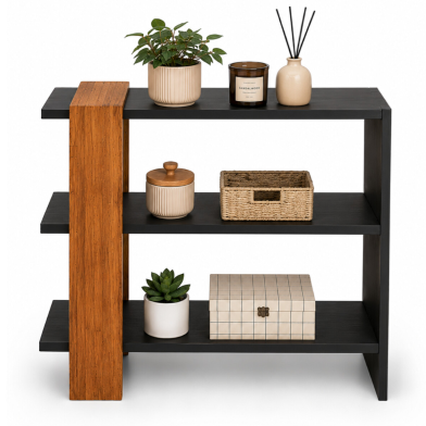 Creative Furniture Wooden Decorative Storage Shelf Black And Natural Wood Finish image