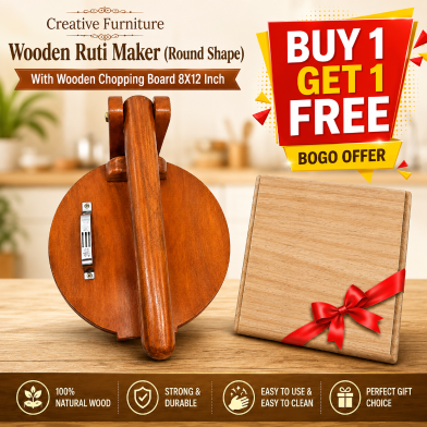 Creative Furniture Wooden Ruti Maker (Round Shape) With Wooden Chopping Board 8X12 Inch (Buy 1 Get 1 FREE) image