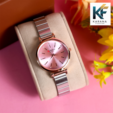 Curren Fashionable White and Pink Dial Analogue Premium Quartz Stainless Steel Chain Watch for Women image