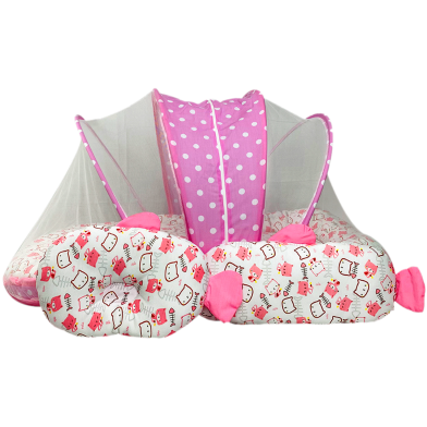 Cute Kitty Baby Bedding Set With Mosquito Net – Pink Comfort Set 5 Pcs image