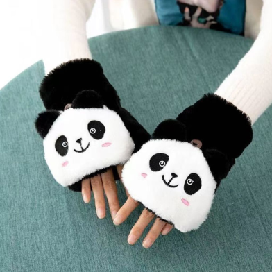 Cute Panda Plush Thick Half Finger Hand gloves image