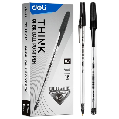 Deli Think 0.7mm Ball Point Pen Black Ink 12Pcs image