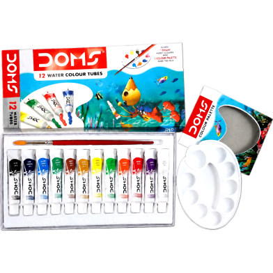 Doms Water Colour Paint 12 Color Tubes box 1pc Brush 1pc Palette for Water Painting image