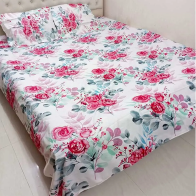 Double Size Flat Cotton Multicolor Ash And White Floral Print Bed Sheet Set - Two Pillow Covers Included Slide 2