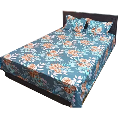 Double Size Flat Cotton Multicolor (Ash And White Floral Print) Bed Sheet Set image