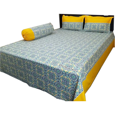 Double Size Flat Cotton Multicolor Ash And White Floral Print) Bed Sheet Set - Two Pillow Covers Included image