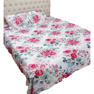 Double Size Flat Cotton Multicolor Ash And White Floral Print Bed Sheet Set - Two Pillow Covers Included image