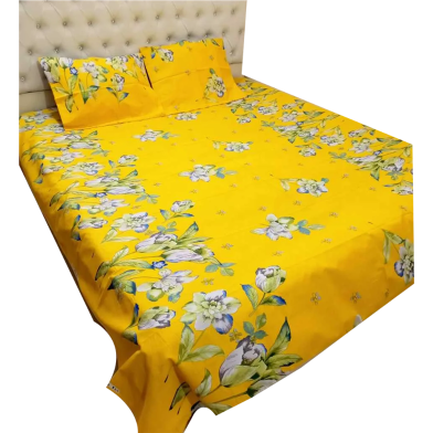 Double Size Flat Cotton Multicolor Ash And White Floral Print Bed Sheet Set - Two Pillow Covers Included image