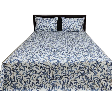 Double Size Flat Cotton Multicolor Ash And White Floral Print Bed Sheet Set - Two Pillow Covers Included image